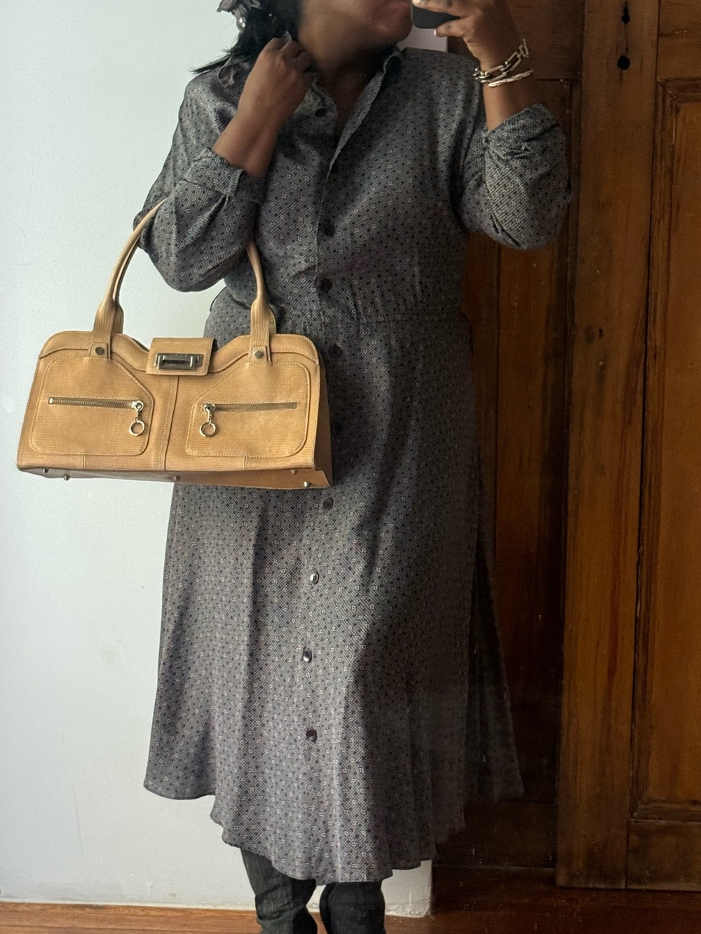Vintage Silk Shirt Dress A Line Midi Collared Button Down Lightweight Dress